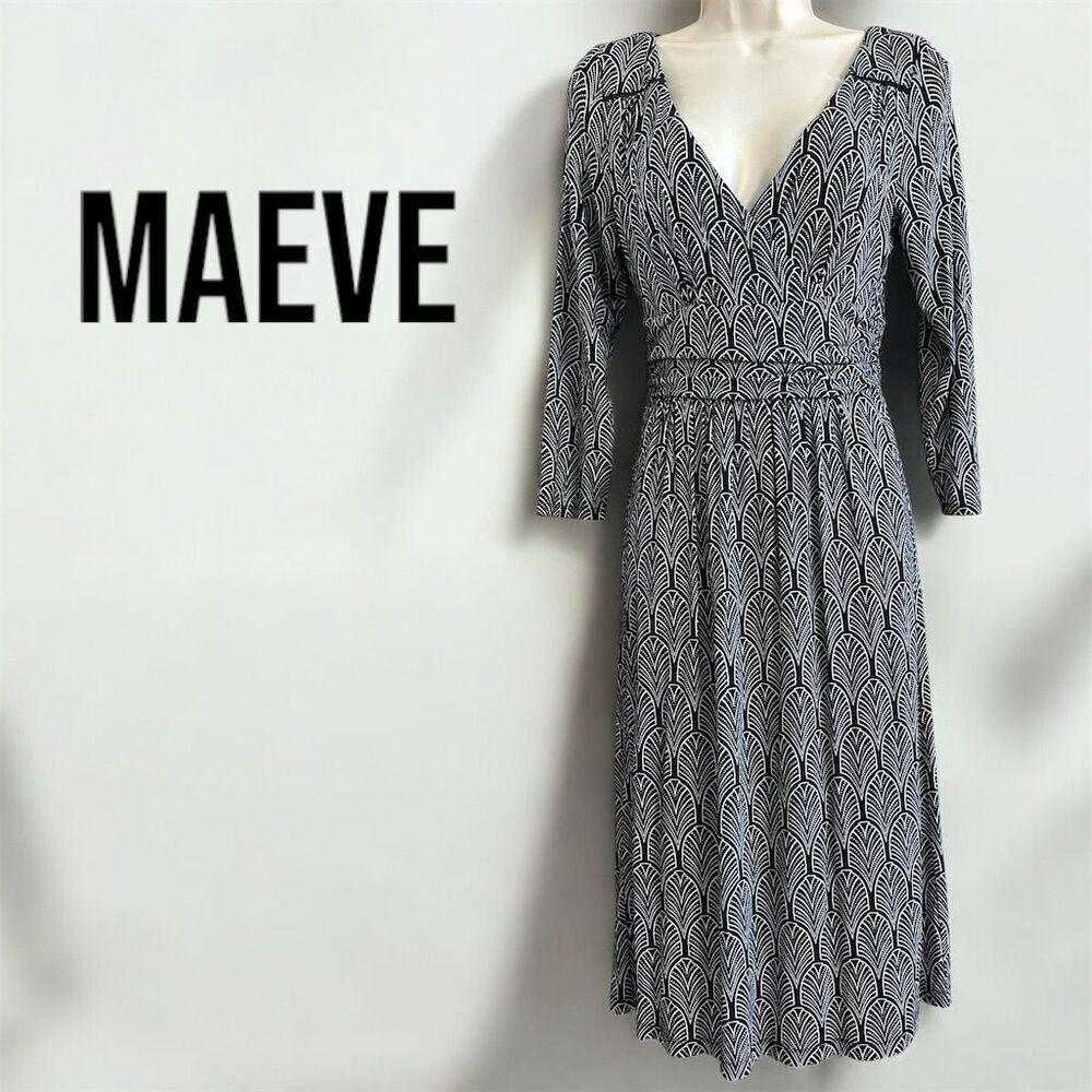 Anthropologie Maeve Black White Art Deco Surplice V Neck 3/4 Sleeve Dress